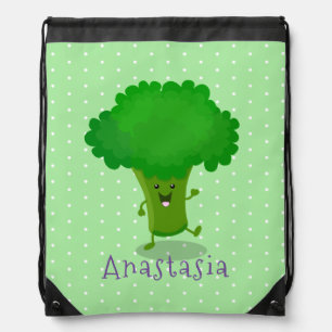 Cute kawaii dancing broccoli cartoon illustration drawstring bag