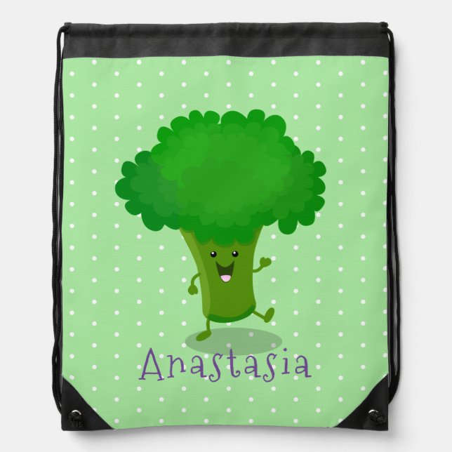 Cute kawaii dancing broccoli cartoon illustration drawstring bag (Front)