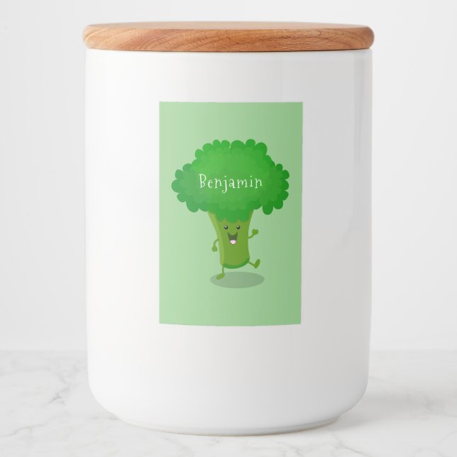 Cute kawaii dancing broccoli cartoon illustration food label (Front)
