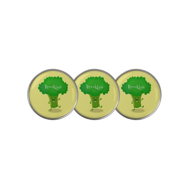 Cute kawaii dancing broccoli cartoon illustration golf ball marker (3 Up)