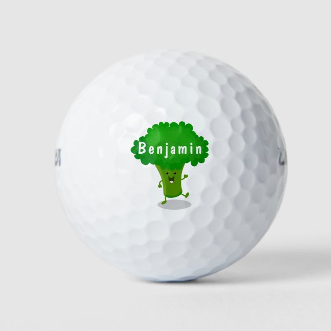Cute kawaii dancing broccoli cartoon illustration golf balls (Front)