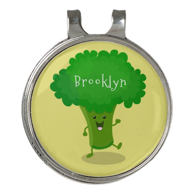 Cute kawaii dancing broccoli cartoon illustration golf hat clip (Front)