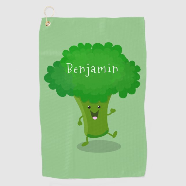 Cute kawaii dancing broccoli cartoon illustration golf towel (Front)