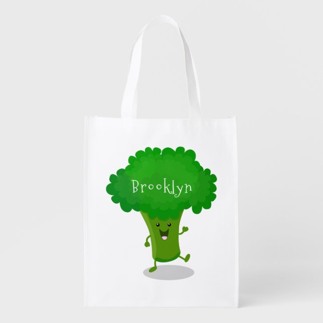Cute kawaii dancing broccoli cartoon illustration grocery bag (Front)
