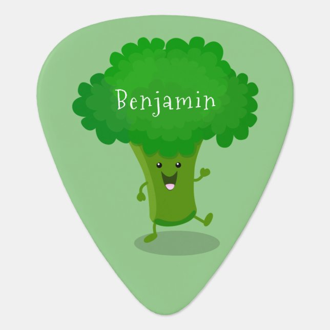 Cute kawaii dancing broccoli cartoon illustration  guitar pick (Front)