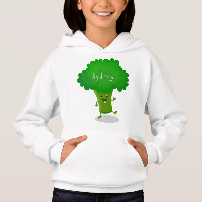 Cute kawaii dancing broccoli cartoon illustration hoodie (Front)