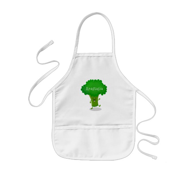 Cute kawaii dancing broccoli cartoon illustration kids' apron (Front)