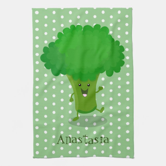 Cute kawaii dancing broccoli cartoon illustration kitchen towel (Vertical)