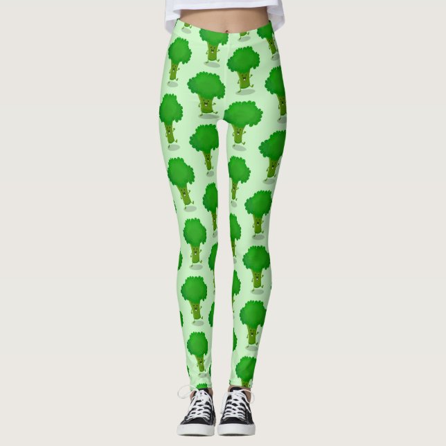 Cute kawaii dancing broccoli cartoon illustration leggings (Front)