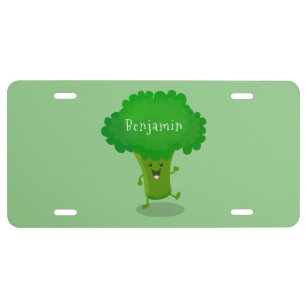 Cute kawaii dancing broccoli cartoon illustration license plate