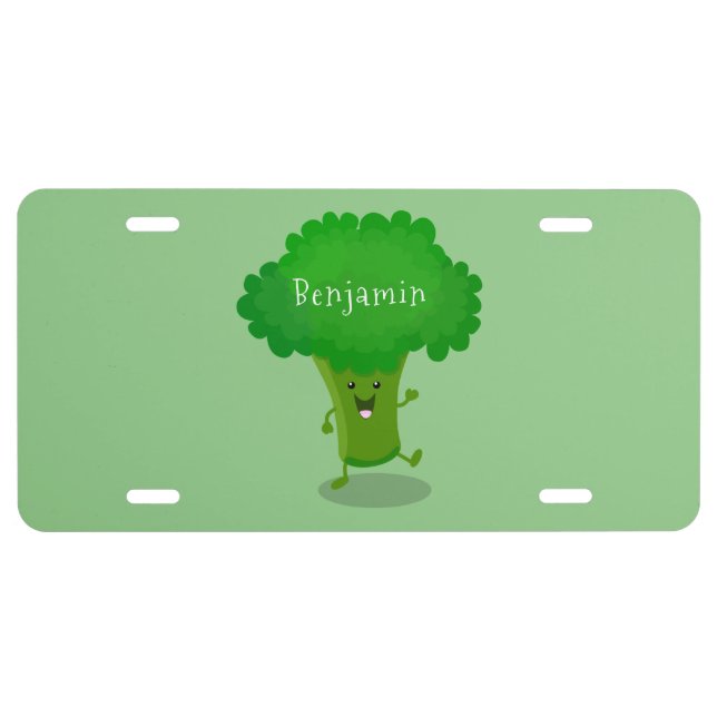 Cute kawaii dancing broccoli cartoon illustration license plate (Front)