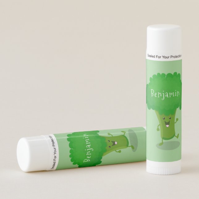 Cute kawaii dancing broccoli cartoon illustration lip balm (Front)