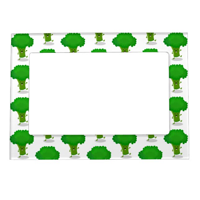 Cute kawaii dancing broccoli cartoon illustration magnetic frame (Front)
