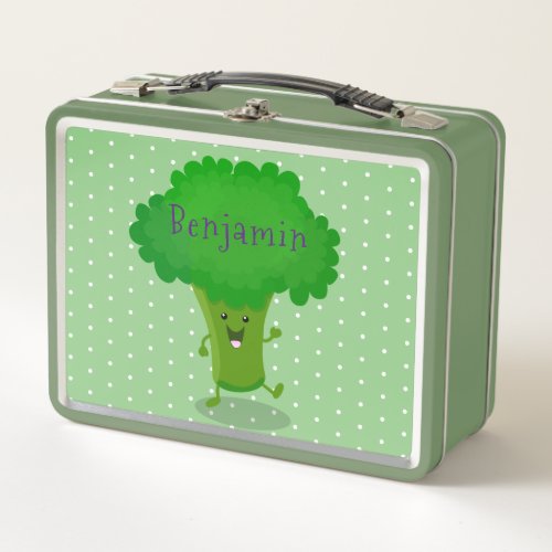 Cute kawaii dancing broccoli cartoon illustration metal lunch box