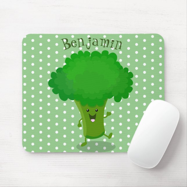 Cute kawaii dancing broccoli cartoon illustration mouse pad (With Mouse)