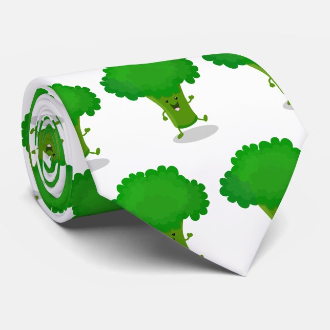 Cute kawaii dancing broccoli cartoon illustration neck tie (Rolled)