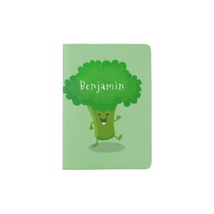 Cute kawaii dancing broccoli cartoon illustration passport holder