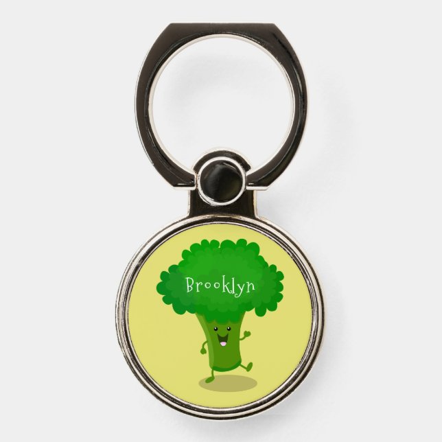 Cute kawaii dancing broccoli cartoon illustration phone ring stand (Front)