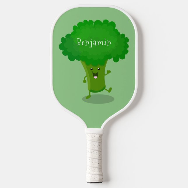 Cute kawaii dancing broccoli cartoon illustration pickleball paddle (Front)