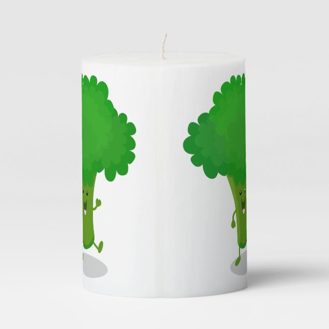 Cute kawaii dancing broccoli cartoon illustration pillar candle (Back)