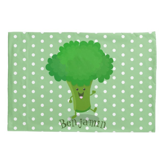 Cute kawaii dancing broccoli cartoon illustration pillow case (Back)