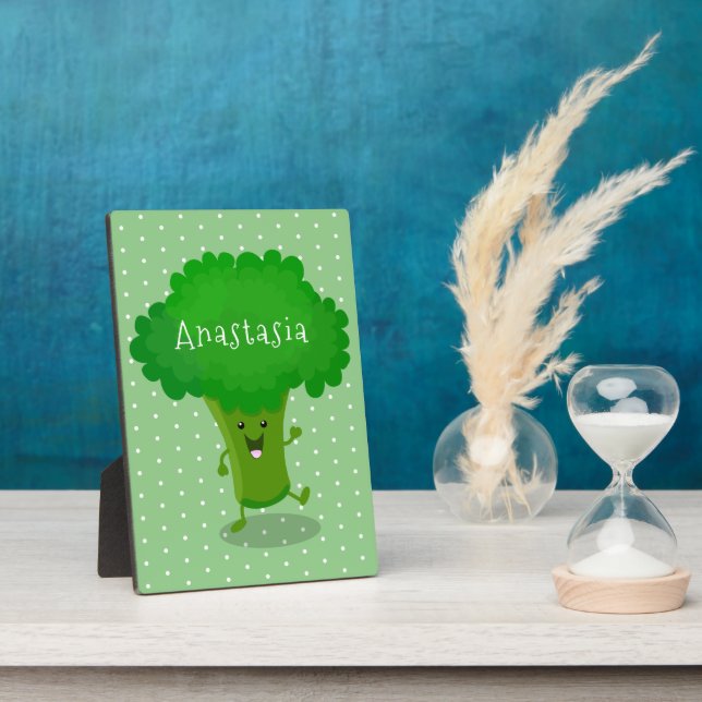 Cute kawaii dancing broccoli cartoon illustration plaque (Side)
