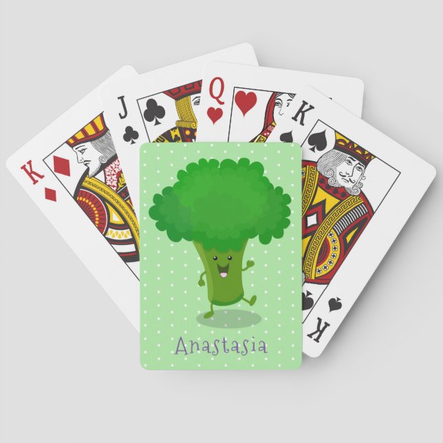 Cute kawaii dancing broccoli cartoon illustration poker cards (Back)