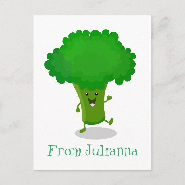 Cute kawaii dancing broccoli cartoon illustration postcard (Front)