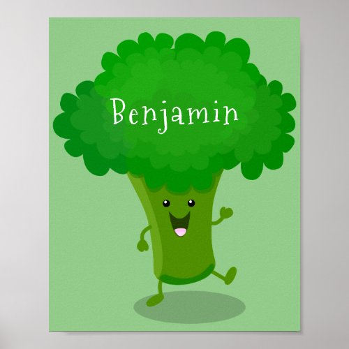 Cute kawaii dancing broccoli cartoon illustration poster