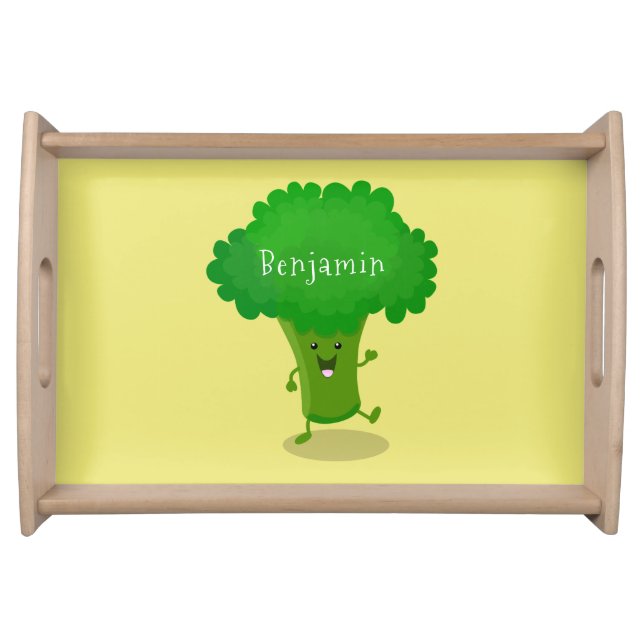 Cute kawaii dancing broccoli cartoon illustration serving tray (Front)