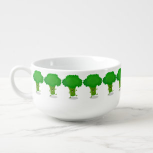 Cute kawaii dancing broccoli cartoon illustration soup mug