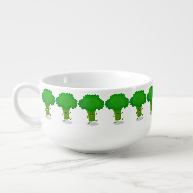 Cute kawaii dancing broccoli cartoon illustration soup mug (Right)
