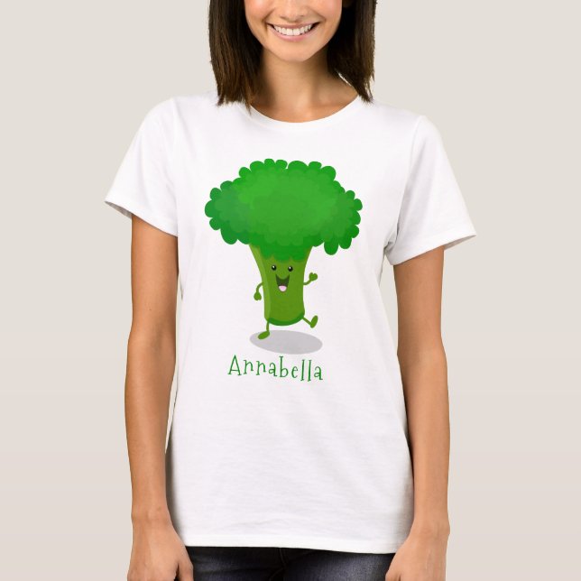 Cute kawaii dancing broccoli cartoon illustration T-Shirt (Front)
