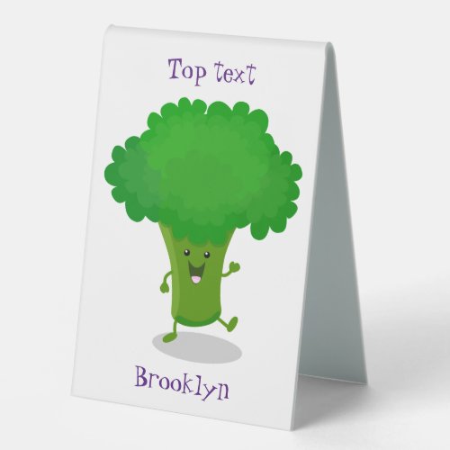 Cute kawaii dancing broccoli cartoon illustration table tent sign