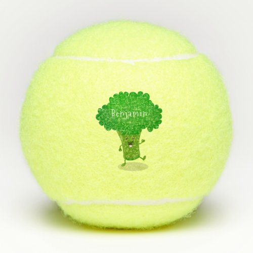 Cute kawaii dancing broccoli cartoon illustration tennis balls