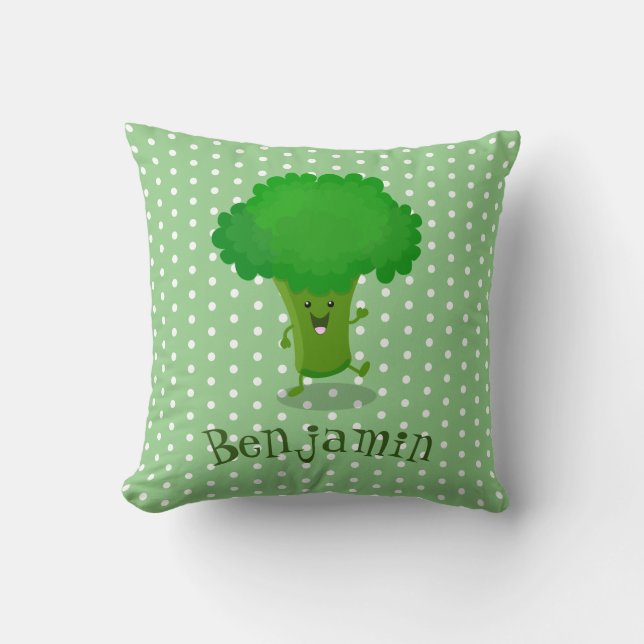 Cute kawaii dancing broccoli cartoon illustration throw pillow (Front)