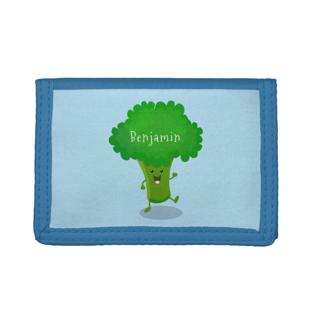 Cute kawaii dancing broccoli cartoon illustration trifold wallet (Front)