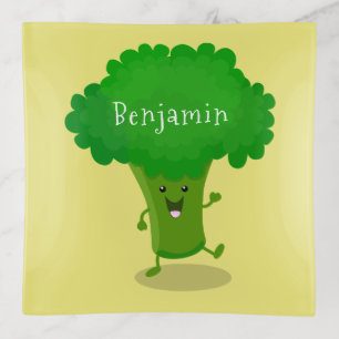 Cute kawaii dancing broccoli cartoon illustration trinket tray