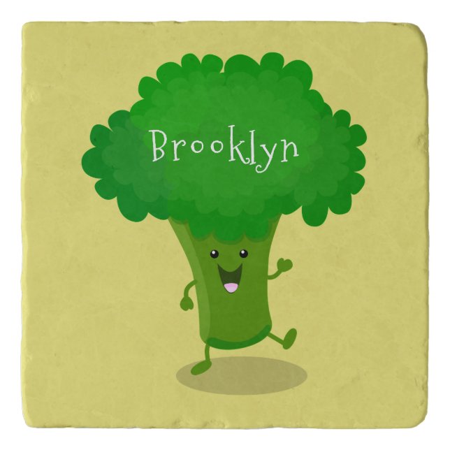 Cute kawaii dancing broccoli cartoon illustration trivet (Front)