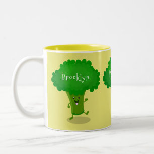 Cute kawaii dancing broccoli cartoon illustration Two-Tone coffee mug