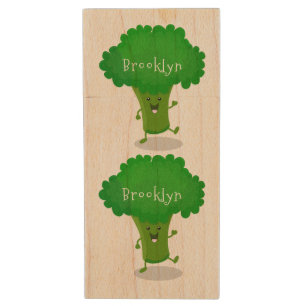 Cute kawaii dancing broccoli cartoon illustration wood flash drive