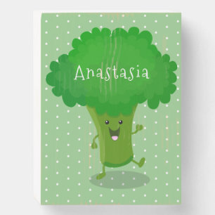 Cute kawaii dancing broccoli cartoon illustration wooden box sign