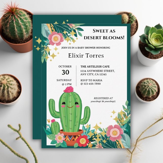 Cute Kawaii Desert Bloom Floral Cactus Baby Shower Invitation (Creator Uploaded)