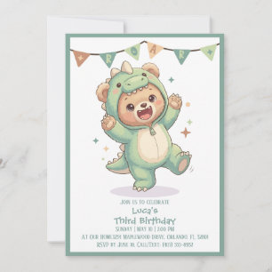 Cute Kawaii Dino Bear Party   3rd Birthday Invitation