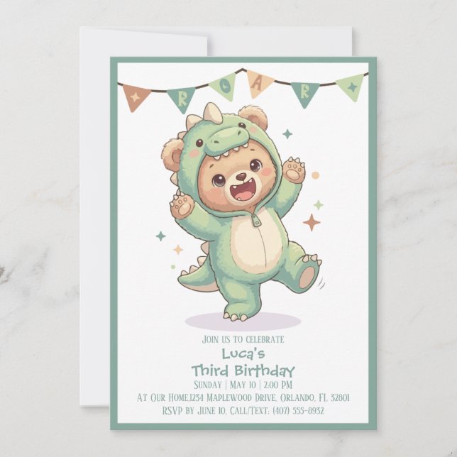 Cute Kawaii Dino Bear Party | 3rd Birthday Invitation (Front)