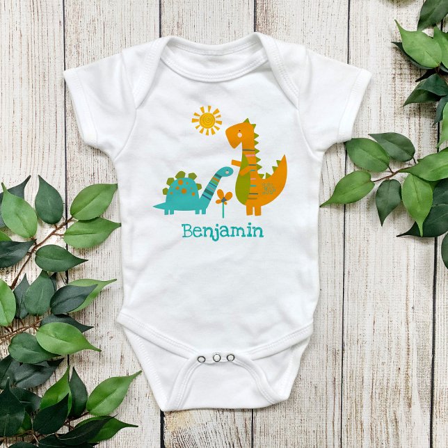 Cute Kawaii Dinosaurs Baby Boy Turquoise Name Bodysuit (Creator Uploaded)