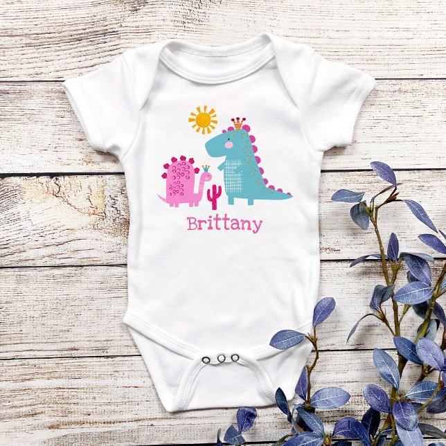 Cute Kawaii Dinosaurs Baby Girl Pink Custom Name Bodysuit (Creator Uploaded)