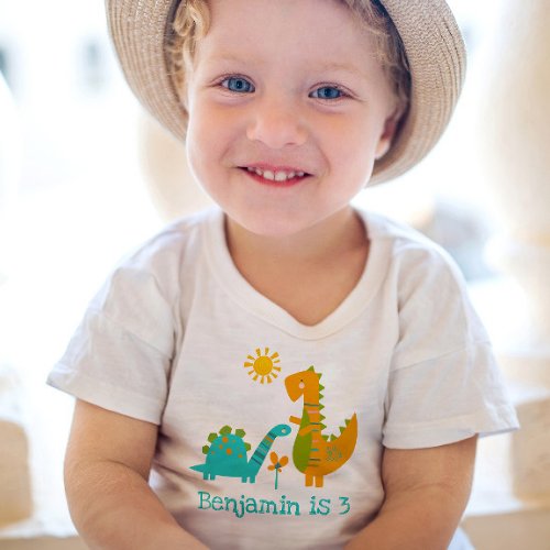 Cute Kawaii Dinosaurs Boy Blue 3rd Birthday Name Toddler T_shirt