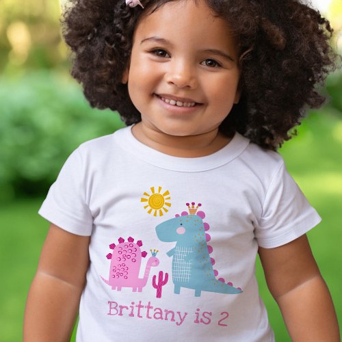 Cute Kawaii Dinosaurs Girl Pink 2nd Birthday Name Toddler T_shirt