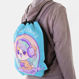 Cute Kawaii Dog with Wings Gamer Girl Gift Blue Drawstring Bag